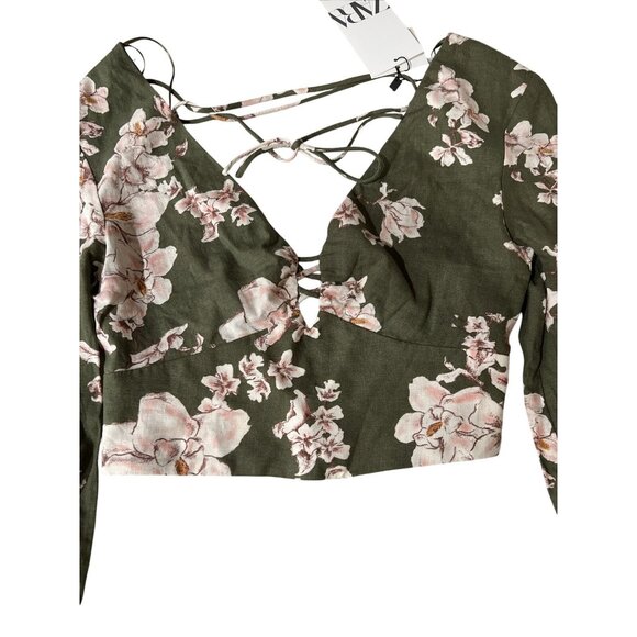 Zara Floral Lace-Up Crop Top XS Green & Pink Linen Blend - Picture 2 of 10